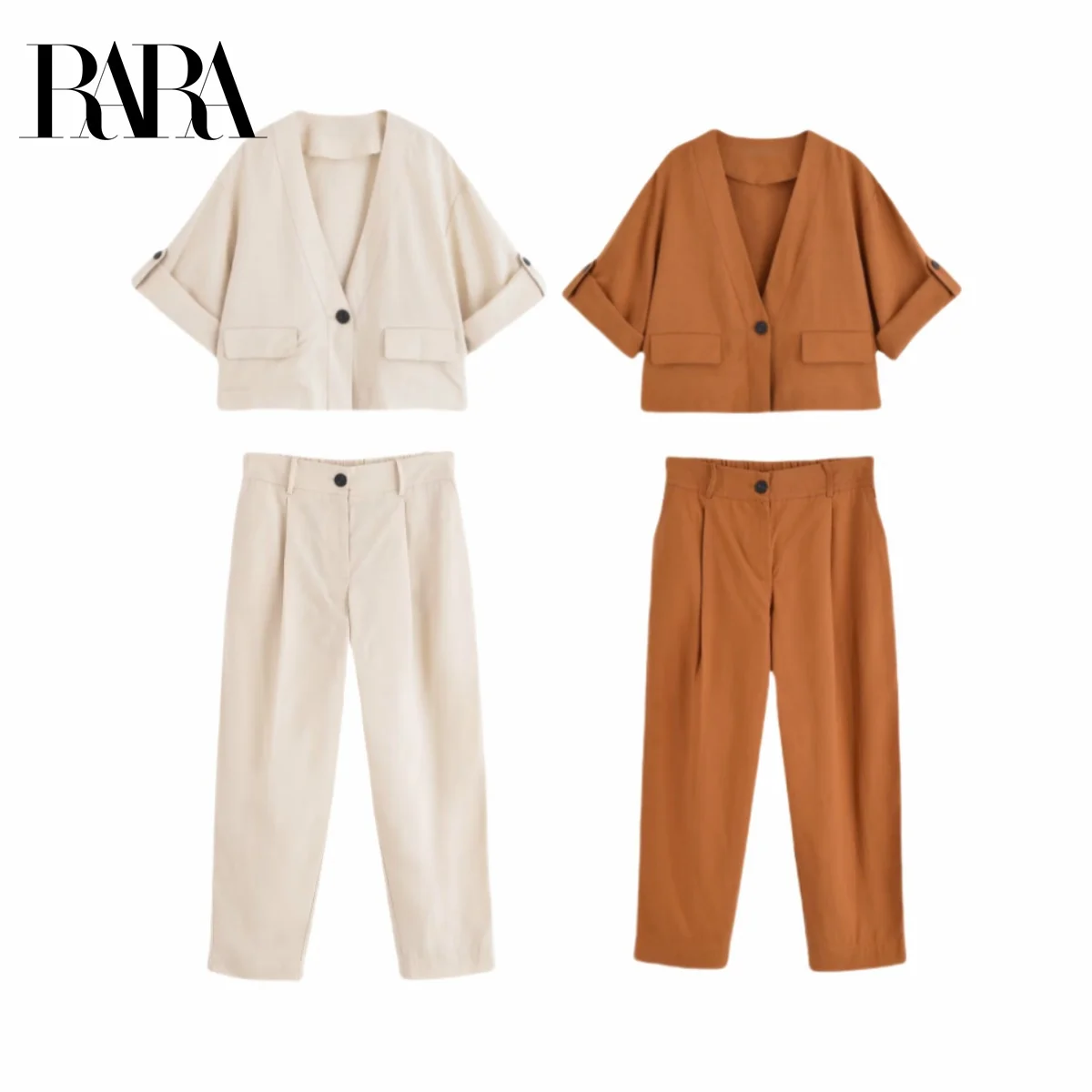 RARA2025 new summer women's casual simple sleeves can be rolled up long sleeves V-neck jacket top + wide-leg trousers