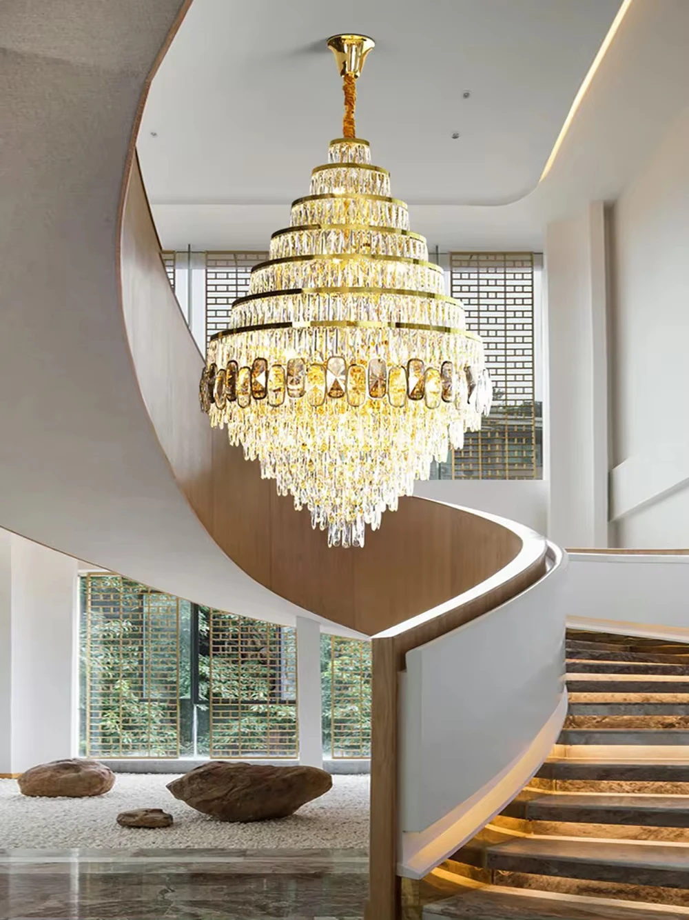 

Chandelier Modern LED Luxury Crystal Large Hanging Lamp 3 Color Dimmable Indoor Holder Suspension Spiral Stairwell For Hotel