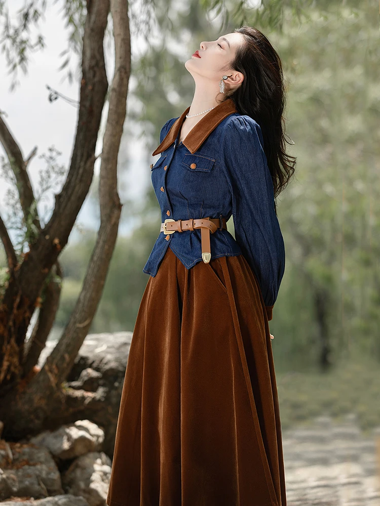 Vintage Fashion Two Piece Skirt Set Women Spring Autumn Long Sleeve Denim Jacket and Long Velvet Skirts Korean Outfits