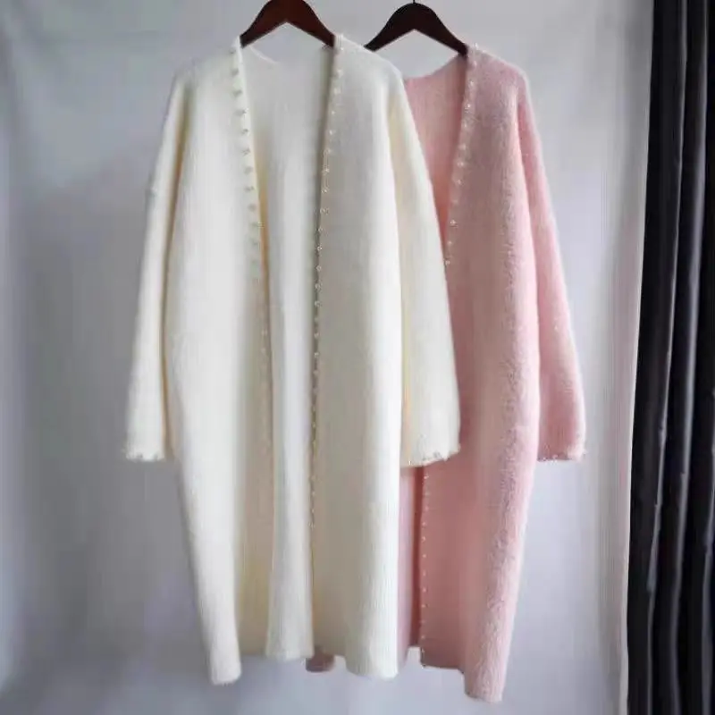 Casaco de pele tipo vison cardigan para mulheres outono e inverno novo solto sobre o joelho longsweater tricô cardigan maré casaco