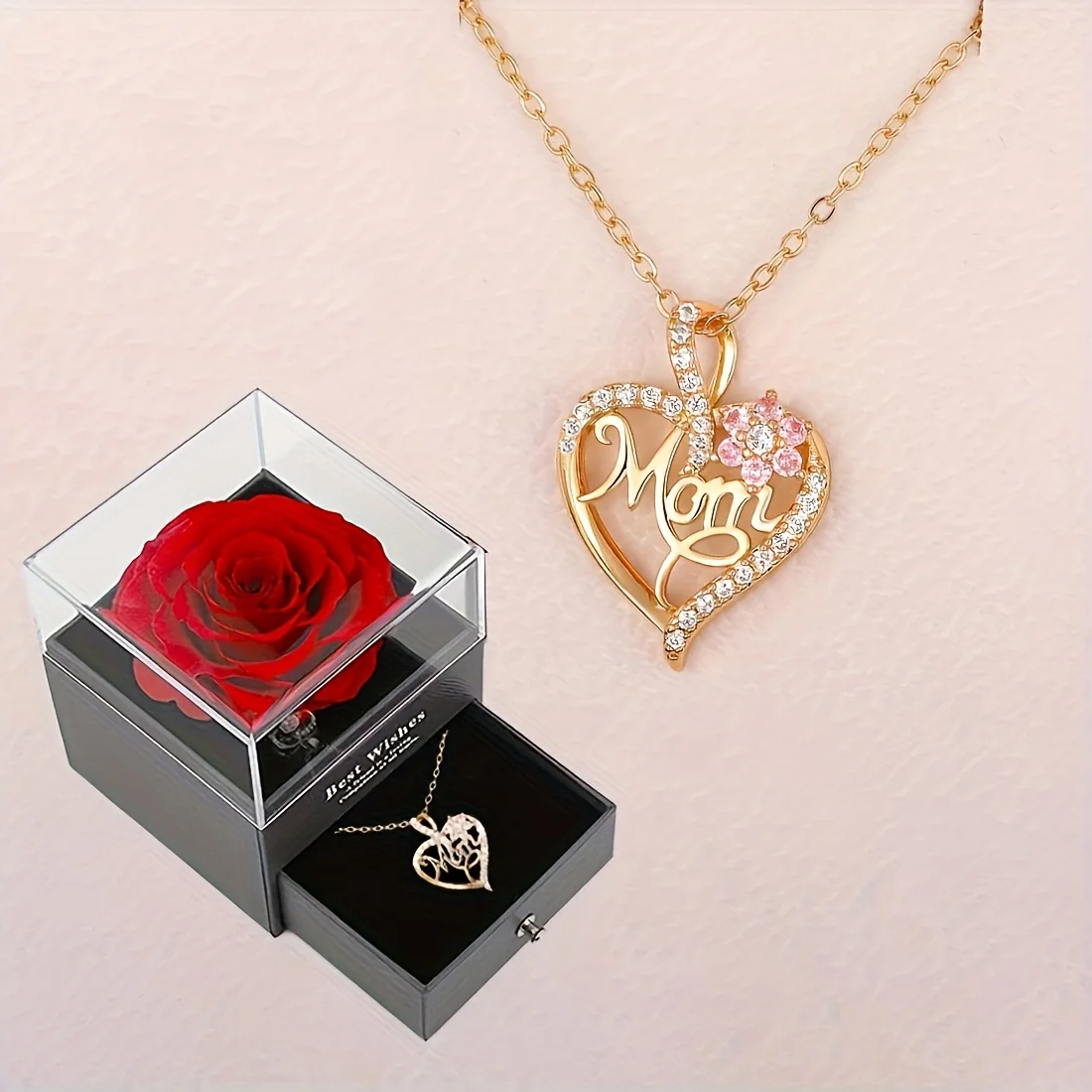 Mom Heart Pendant Necklace With Rose Gift Box For Mom Birthday Christmas Romantic Gift 2025 New In Fashion Luxury Zirocn Jewelry