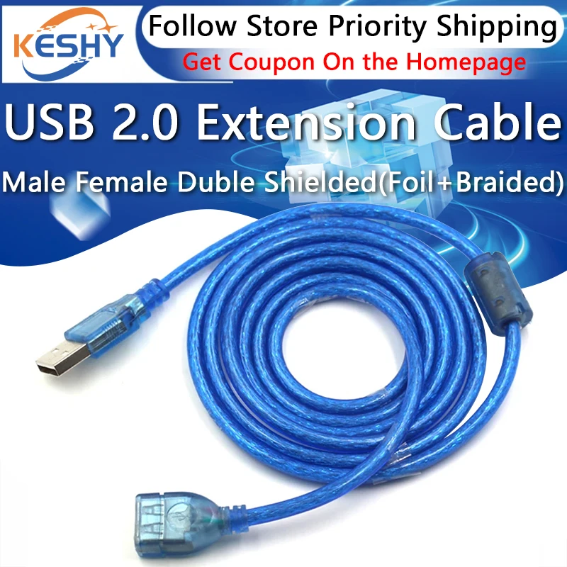 

USB 2.0 Extension Cable Male to Female Duble Shielded(Foil+Braided) Transparent Blue 50CM 100CM 150CM 300CM 500CM