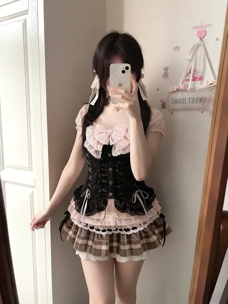Japanese Sweet Three Piece Set Women Lace Bow Blouse + Cami Top + Plaid Ruffle Mini Skirt Y2K Vintage Kawaii Korean Chic Outfits view 4