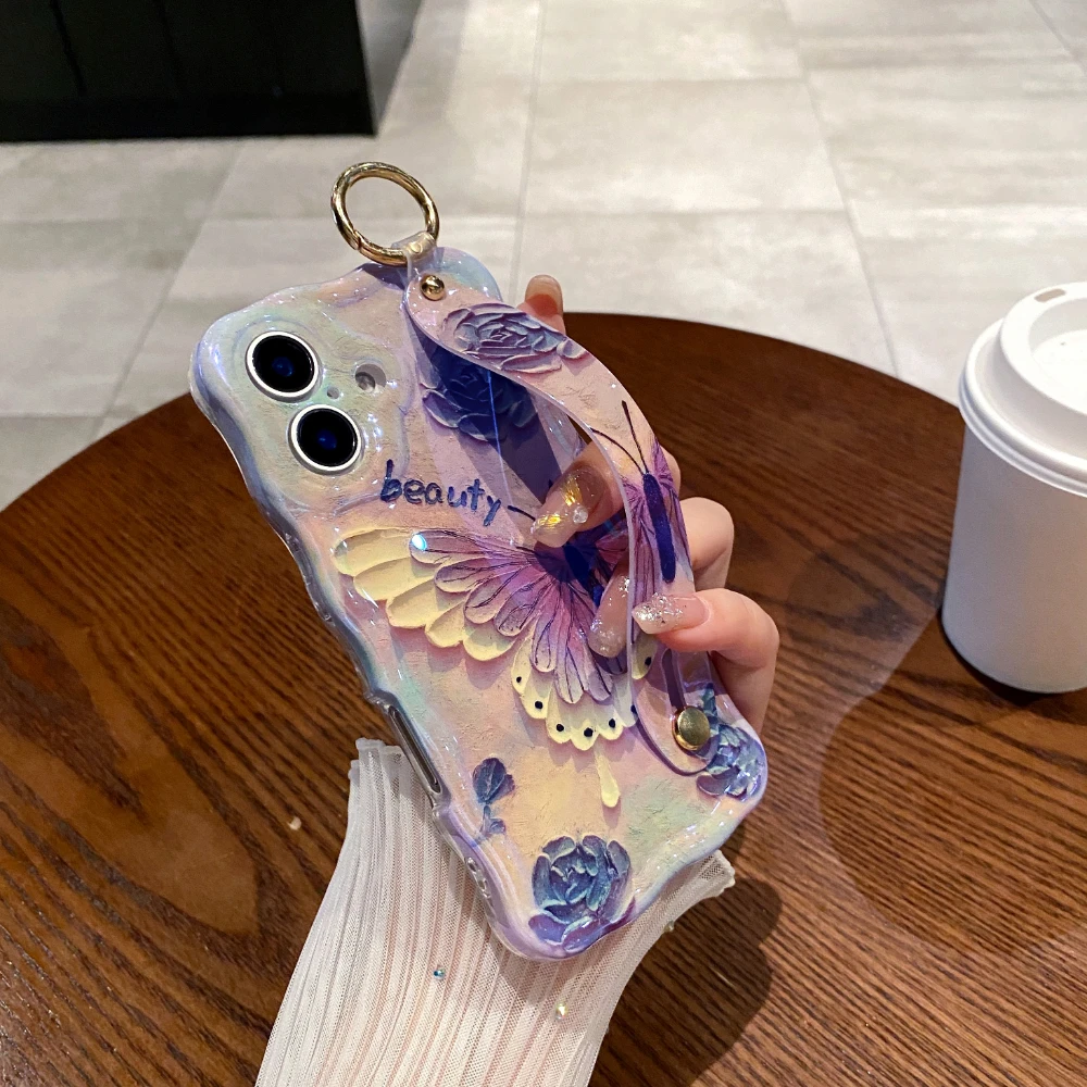 Luxury Laser Painting Bluterfly Wrist Strap Phone Case For Iphone 11 12 13 14 15 Pro Max 16 Plus Shockproof Hand Band Soft Cover