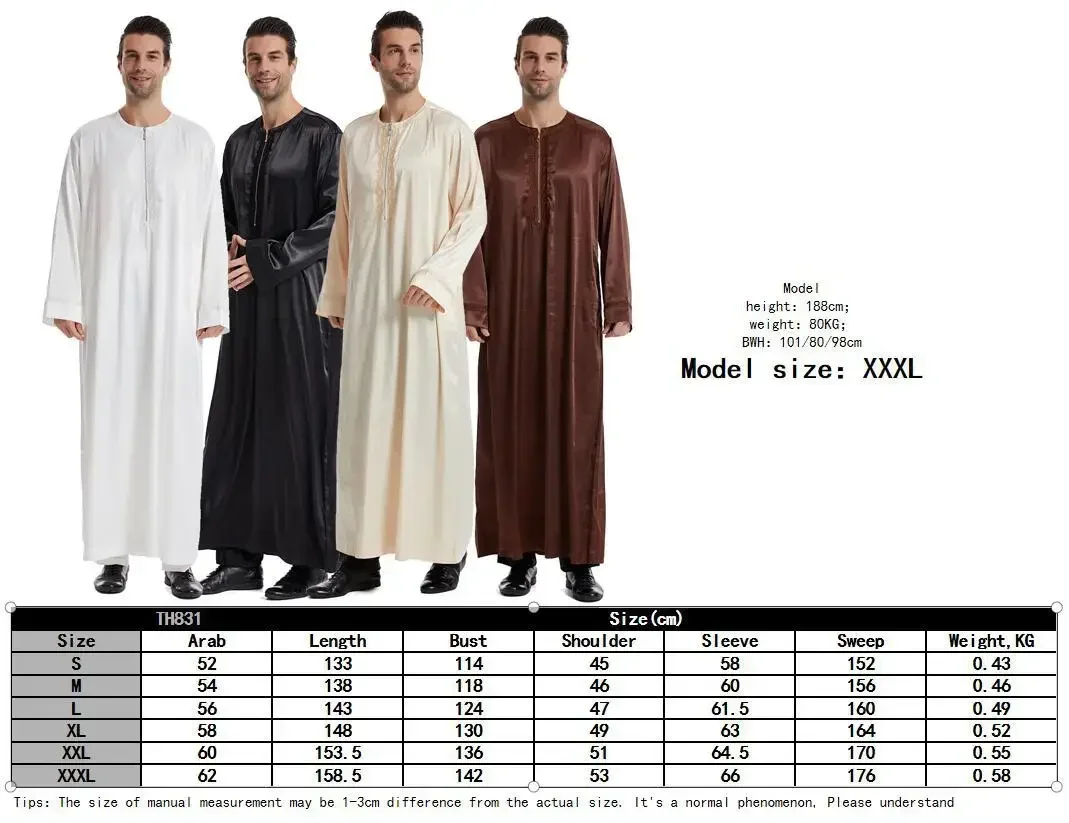 Eid Muslim Men Jubba Thobe Mens Zipper Up Long Dress Islamic Ramadan Long Robe Saudi Musulman Wear Abaya Caftan Dubai Arab Dress