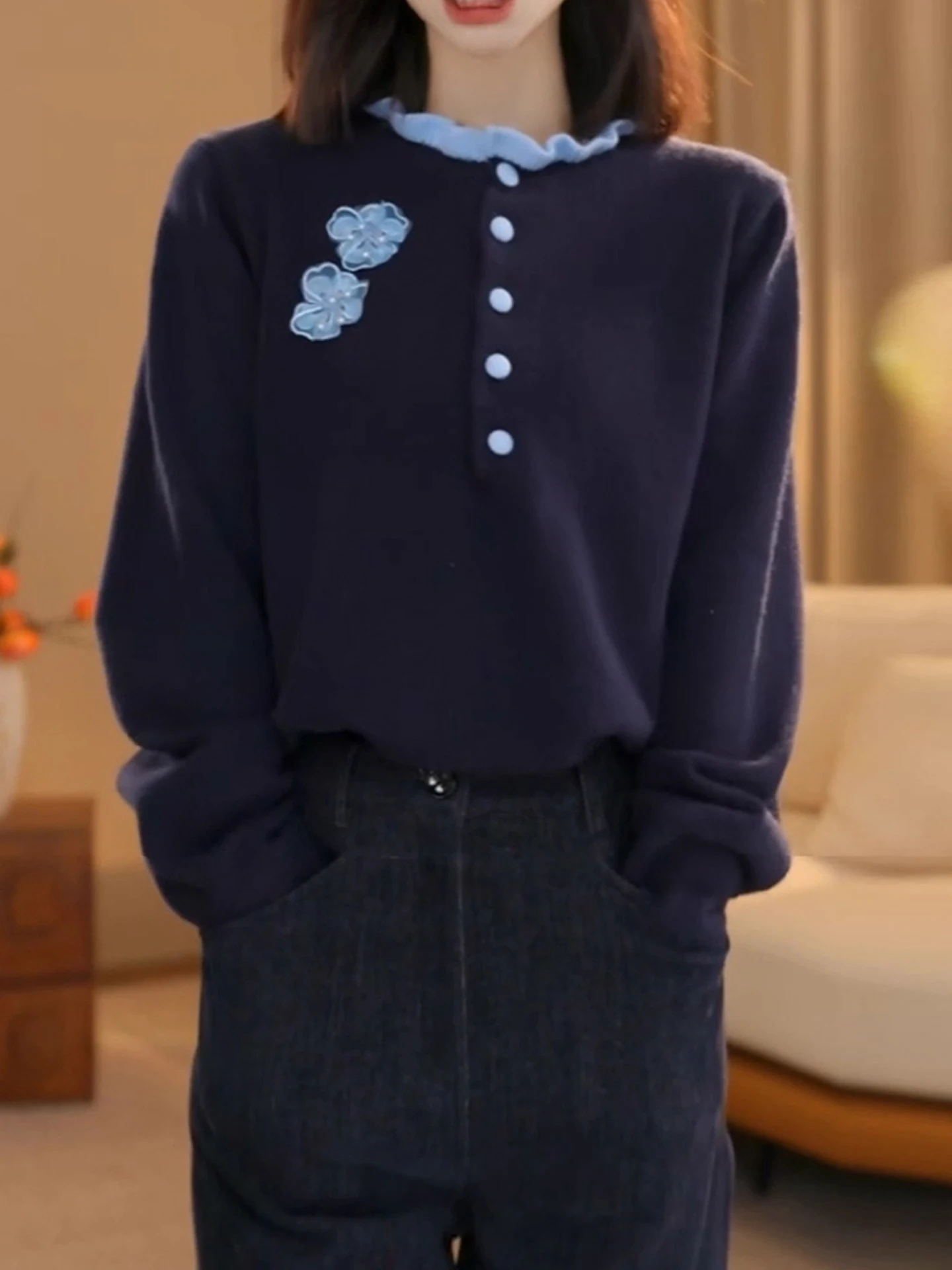 Ele Maglione lavorato a maglia lungo Sve Semplice lusso con bottoni F Design Pendolarismo Sle Top da donna Faionable Autunno Inverno