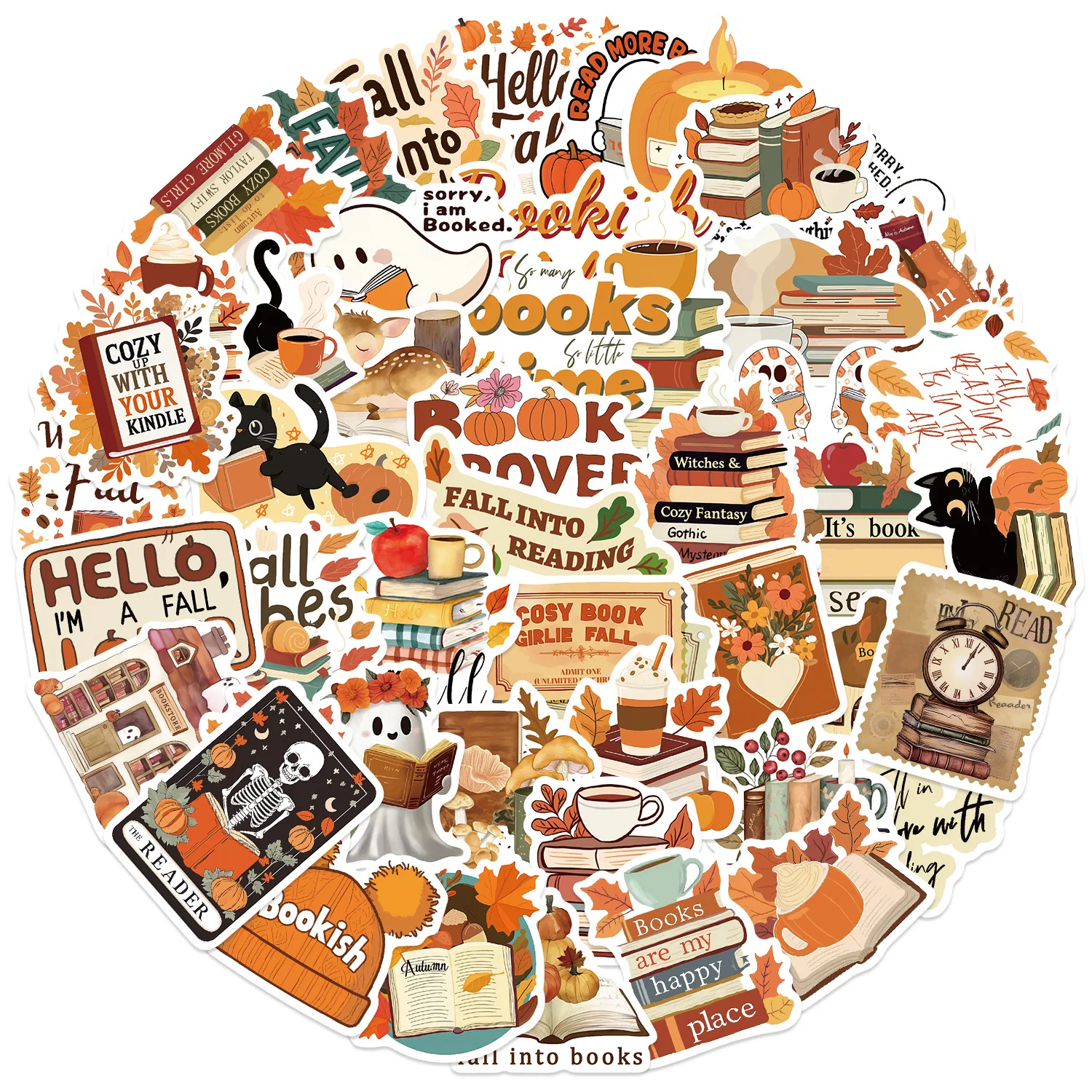 

50PCS Kawaii Autumn Reading PVC Sticker Aesthetic Colored Decoration Scrapbooking Hand Accounting Supplies for Kids Toys Gifts