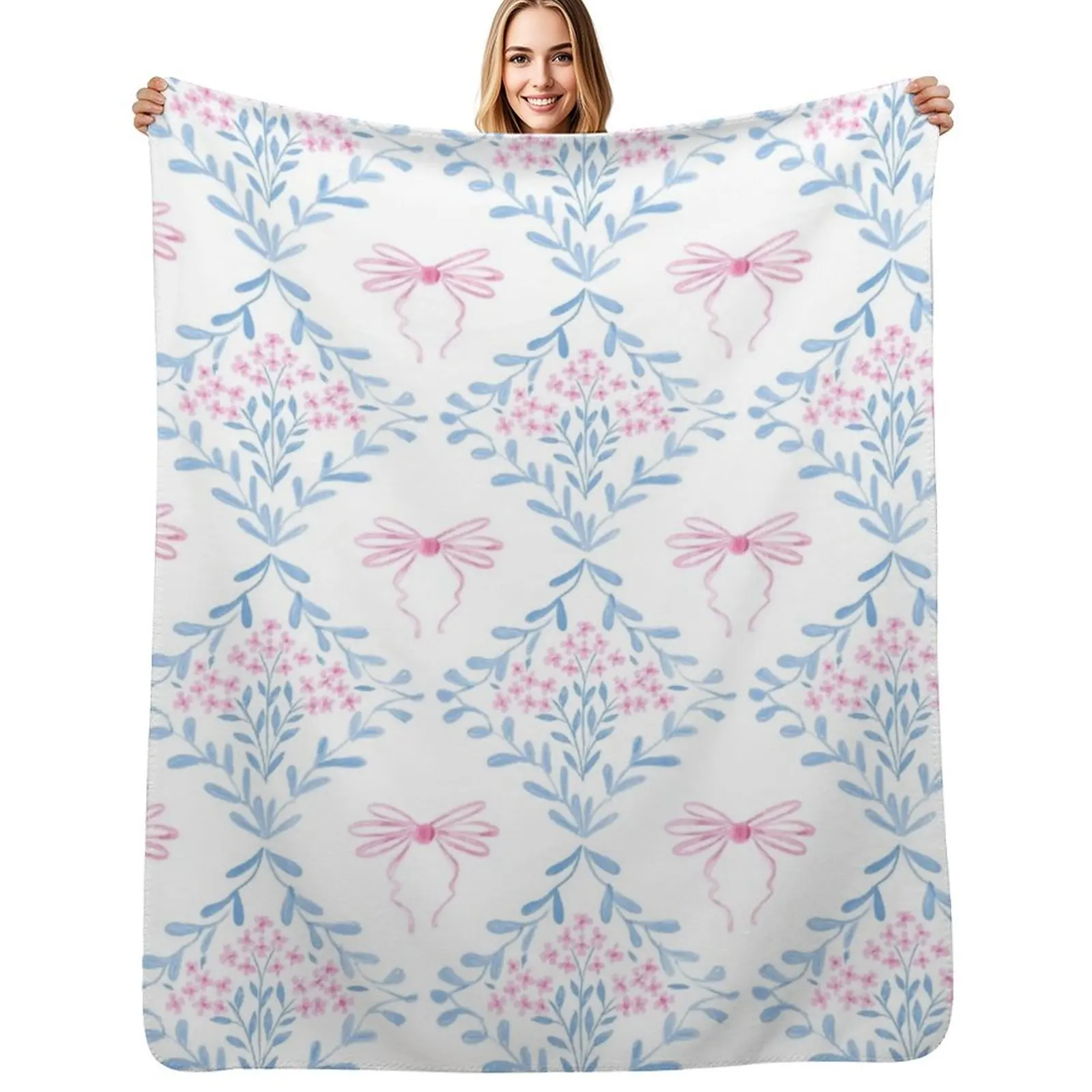 

Pink and Blue Coquette Aesthetic &Cute Pretty Preppy Watercolor Pink Bows Throw Blanket Picnic Giant Sofa Single Blankets