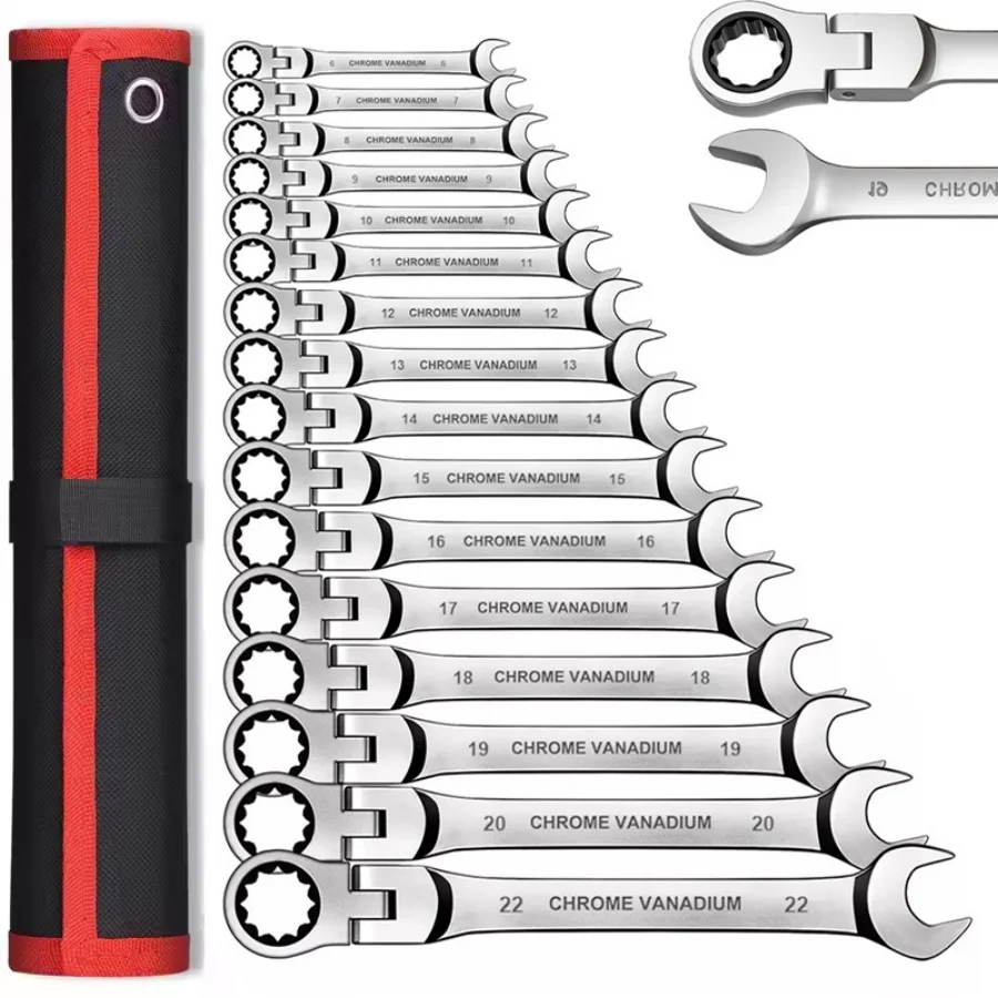 8-Piece Black and Red Canvas Bag Wrench Set Live Head Ratchet Head 72 Tooth Wrench Set Professional Auto Repair Tools Hardware Tools Repair Tools DIY Essential Wrench Set