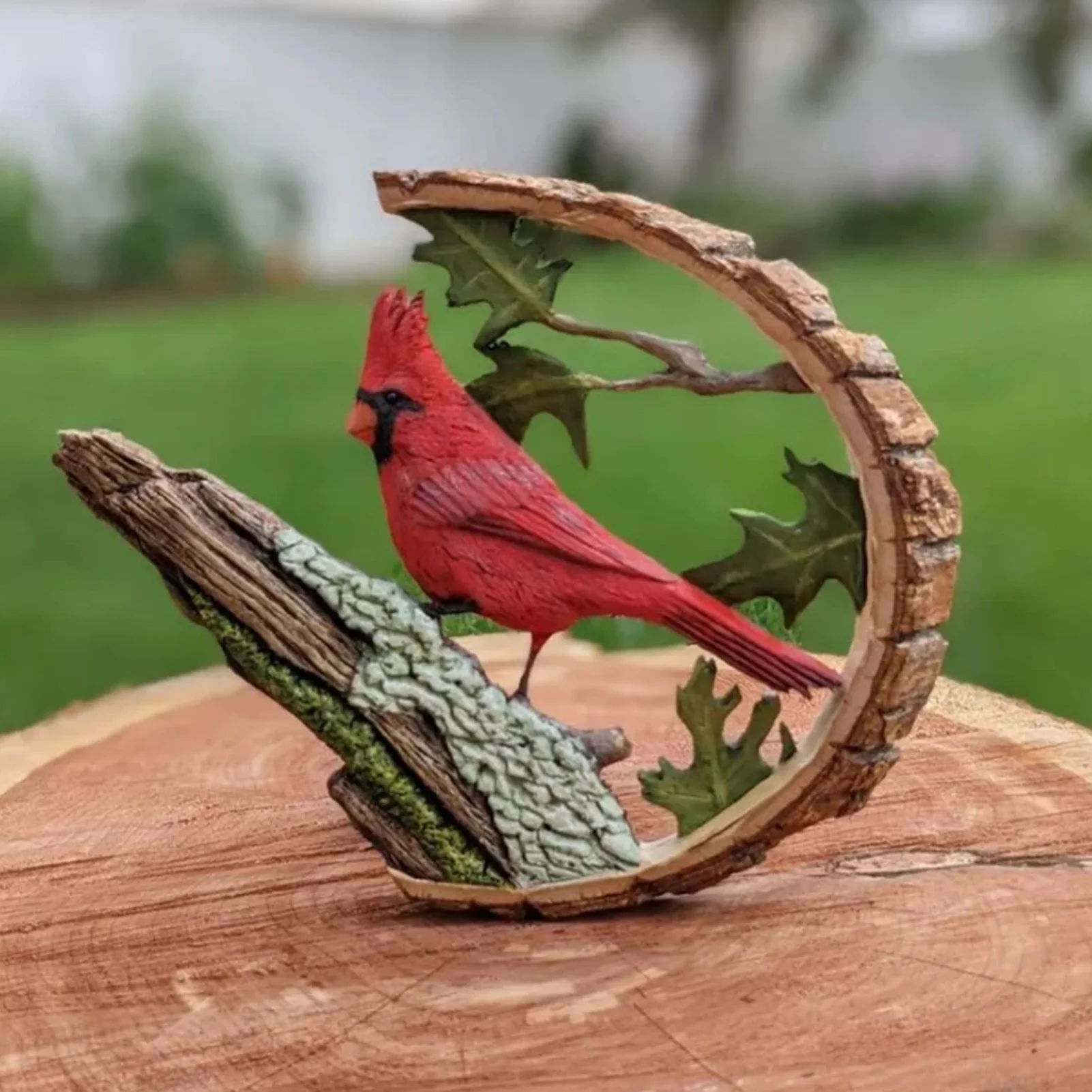 Cardinal Resin Statue Imitation Wood Carving Ornament Handmade Unique Art Carving Work Statue Decor Small Animal Sculpture