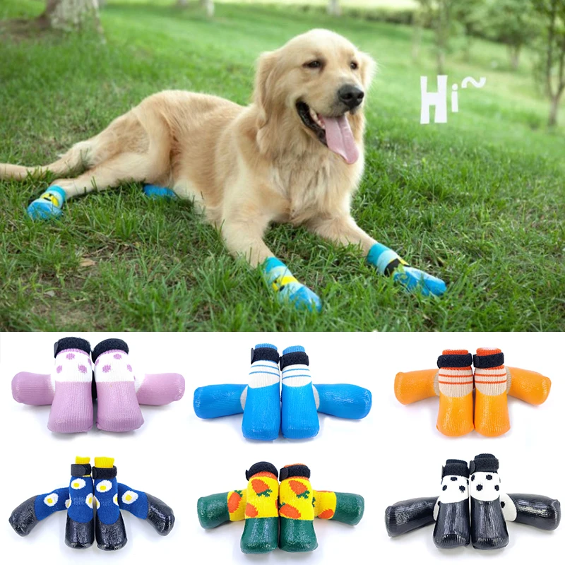 4Pcs/set Dog Rain Snow Boots Rubber Cotton Socks Pet Dog Shoes Warm Socks Waterproof Non-slip Footwear For Puppy Small Cats Dogs