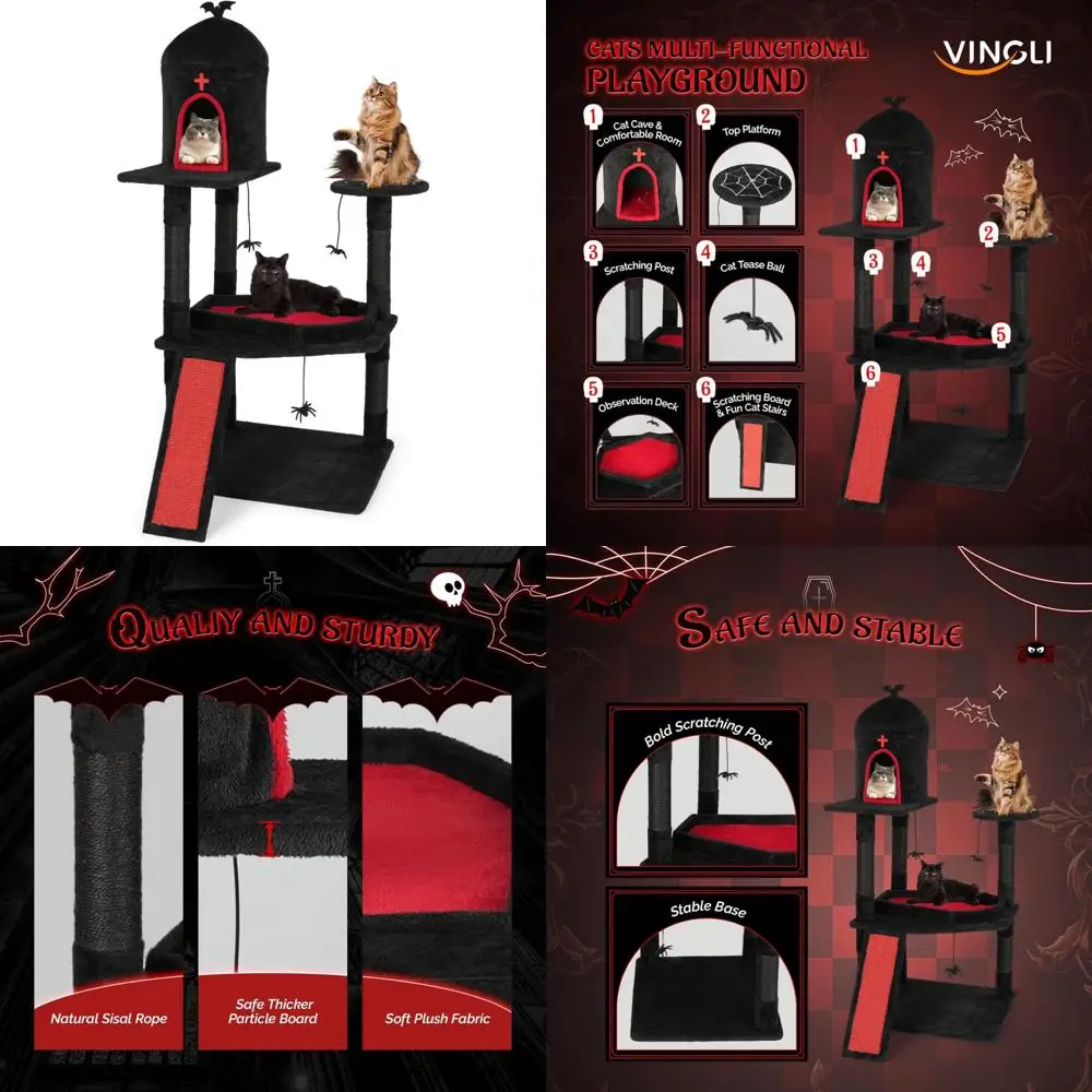 

Gothic-Inspired Halloween Cat Tree Tower with Sisal Scratching Posts, House Cave, and Coffin-Shaped Platform