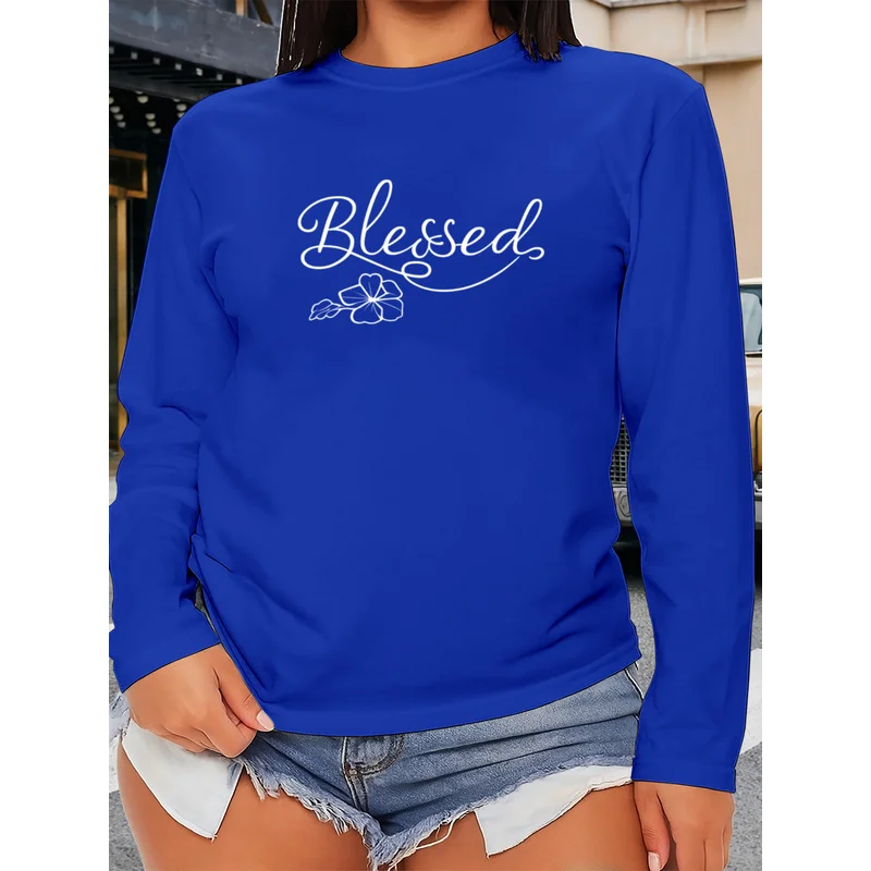 Womens Blessed Graphic Tee Floral Line Art Print Long Sleeve Casual Daily Shirts