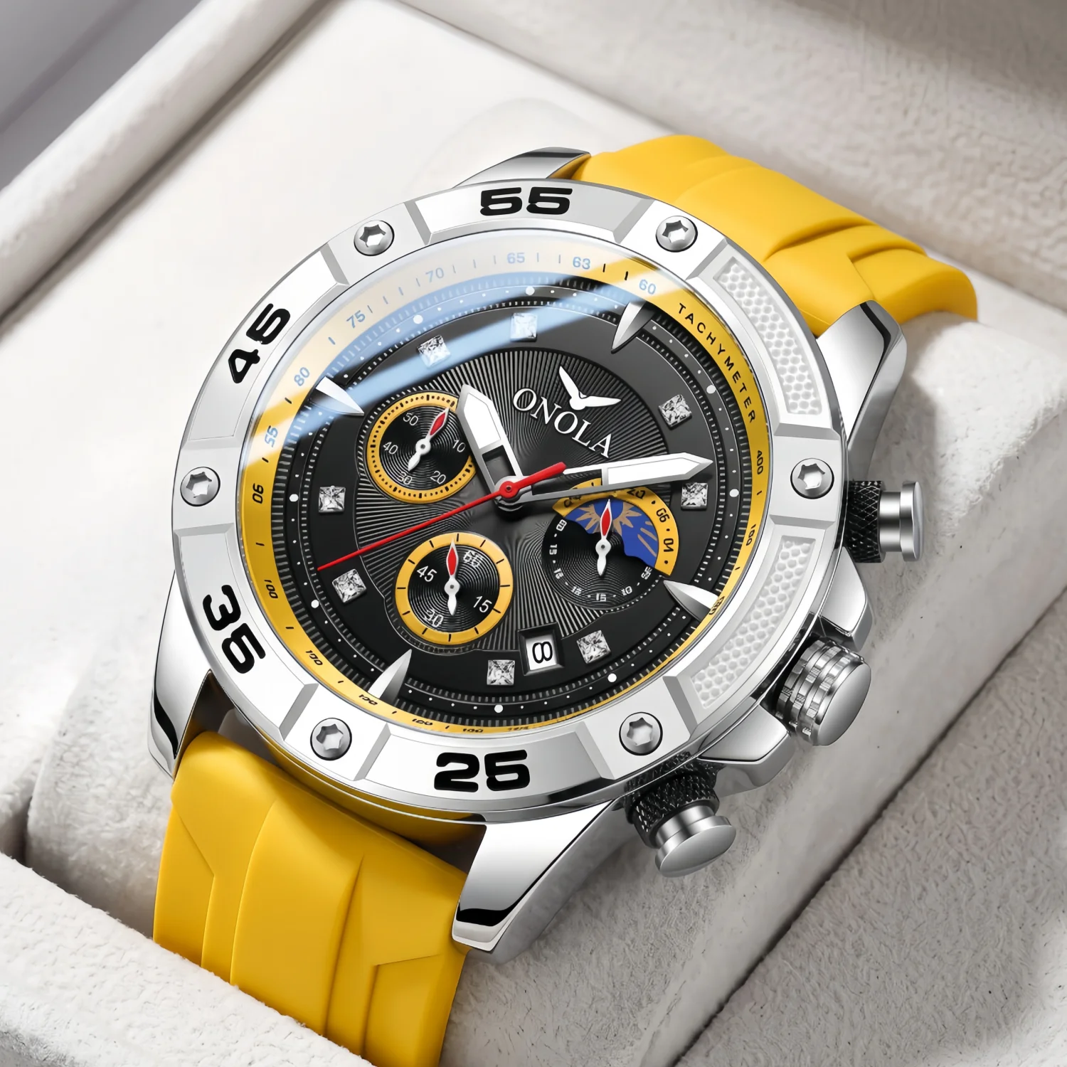 Orologio da uomo ONOLA con movimento al quarzo, cassa rotonda resistente, cinturino in silicone, quadrante multifunzione, calendario, impermeabile, id