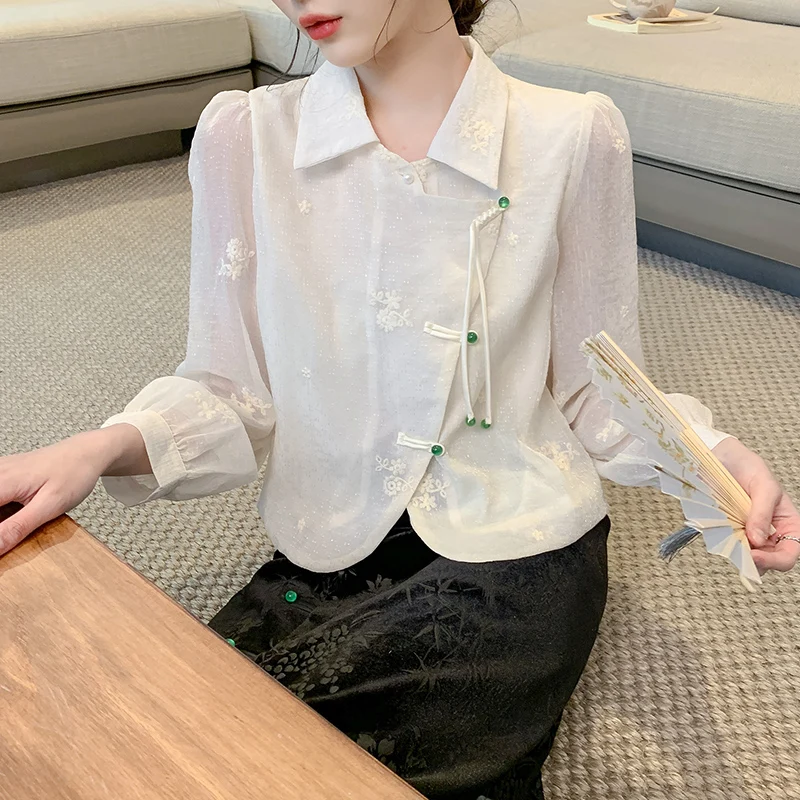 Chinese Style Embroidery Shirt Women 2024 New Spring Summer Long Sleeve  Blouse Ladies Elegant Turn-down Collar Shirts