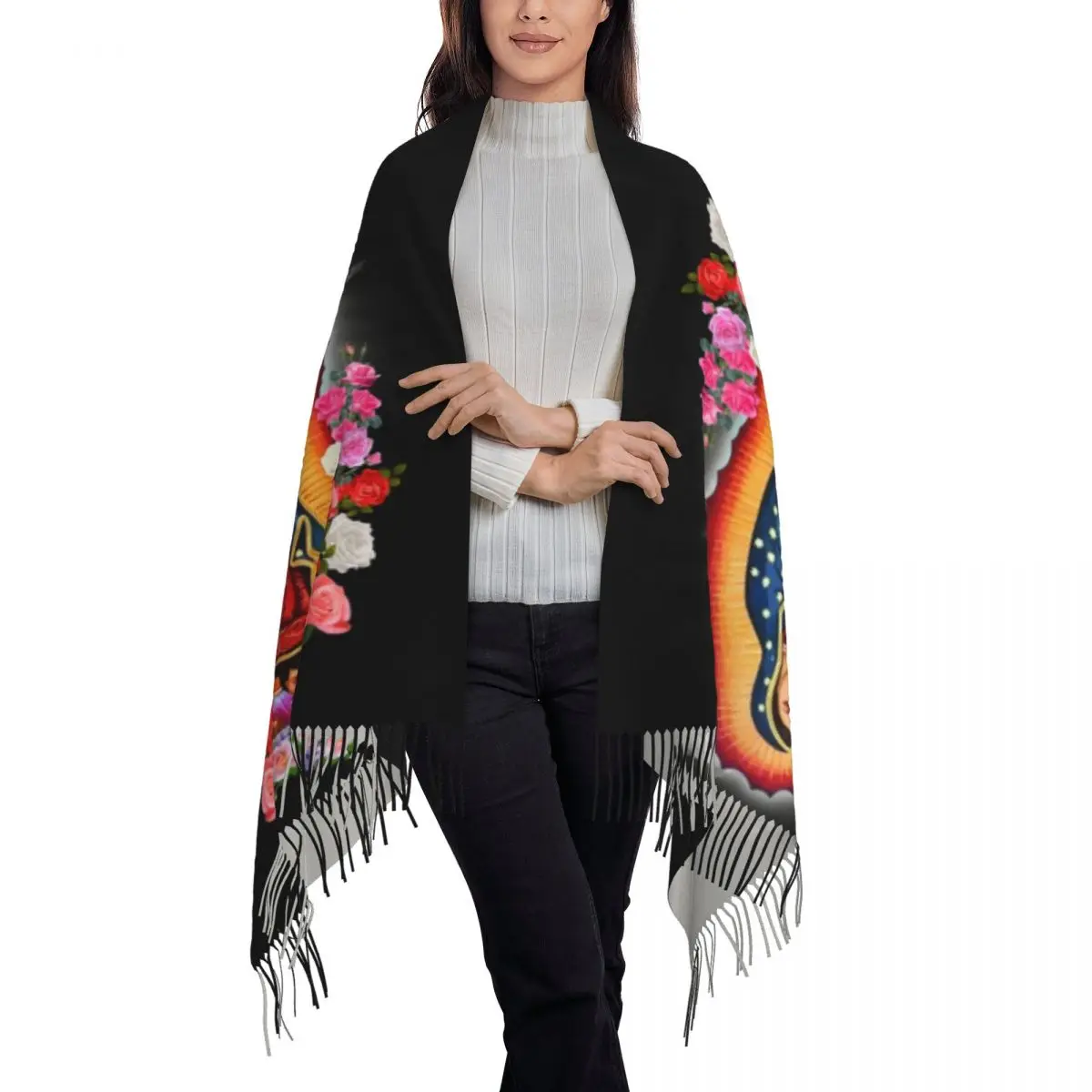 Virgin Mary Of Guadalupe Tassel Scarf Women Soft Mexico Catholic Saint Shawls Wraps Lady Winter Scarves