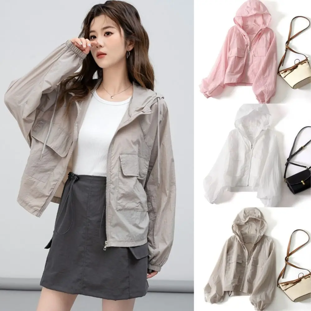 Solid Color Thin Sunscreen Clothing Anti UV Sun-Protective Leisure Hooded Outwear Waterproof Loose Windbreaker Summer
