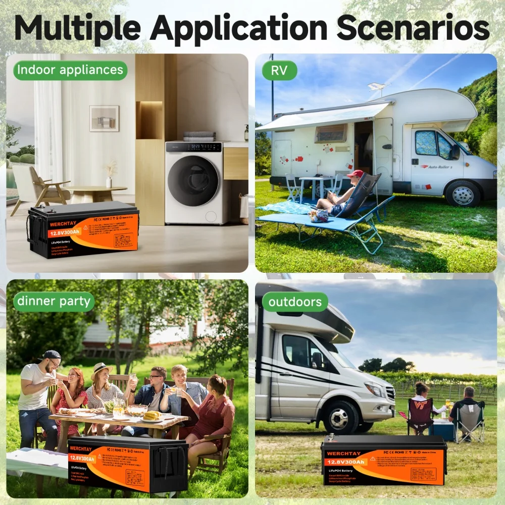 WERCHTAY 12V 300Ah LiFePO4 Battery 300A BMS 25000+ Cycles for Trolling Motor Solar Panel Van Camping Power Supply