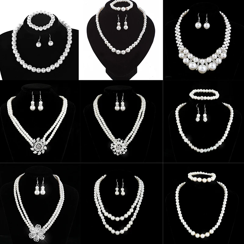 Fashion Vintage Womens Bride Wedding Jewelry Set Rhinestone Faux Pearl Necklace Bracelet Earring Wedding Party Jewelry Gift