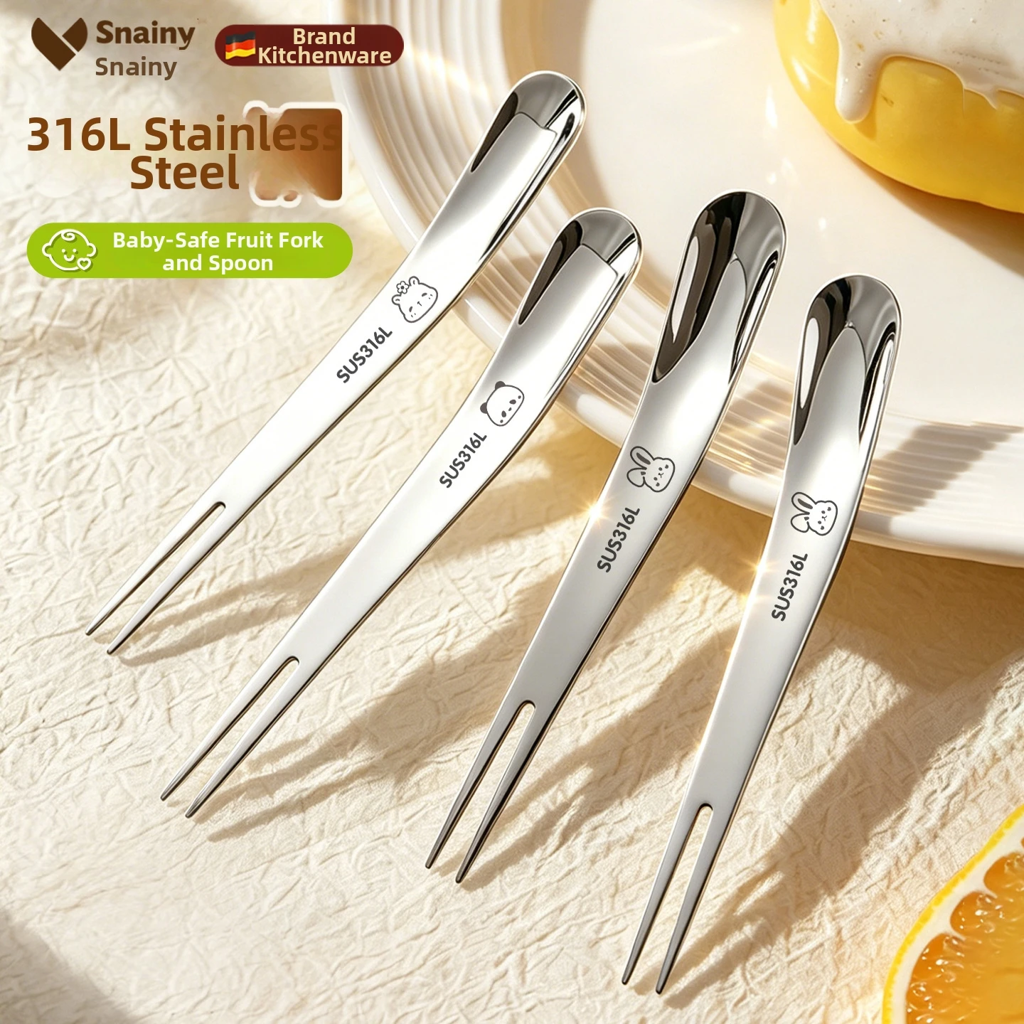 316 Stainless Steel Cartoon Fruit Fork, Cute Animal Etched Dessert Fork For Kids, Mirror Polished Safe Tableware For Fruit Cake