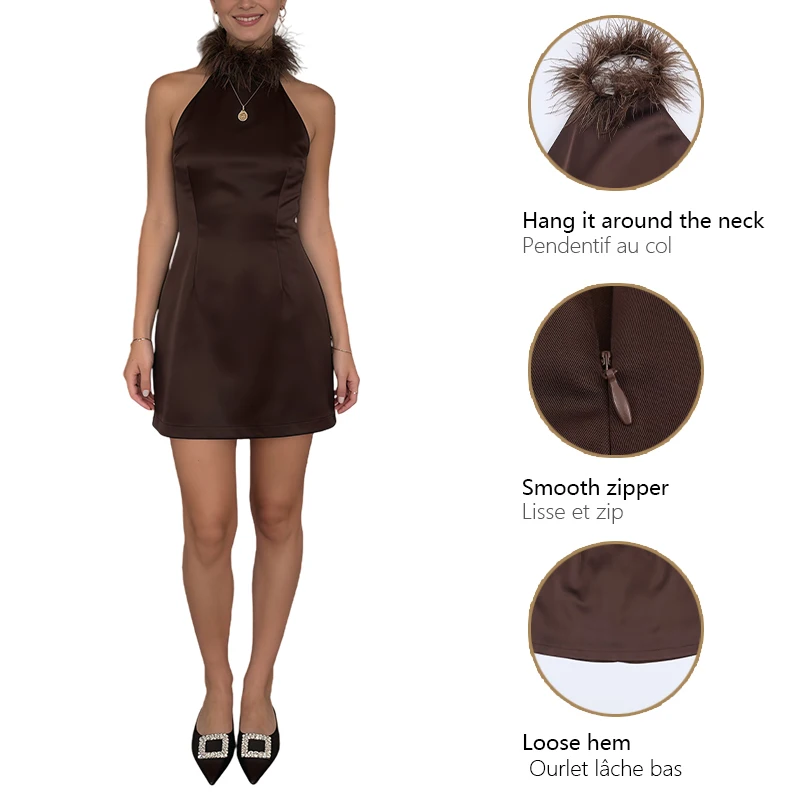Womens Satin Halter Dress With Feather Neckline Fitted Backless Short Style Luxury Party Evening And Date Dress Womens Dresses