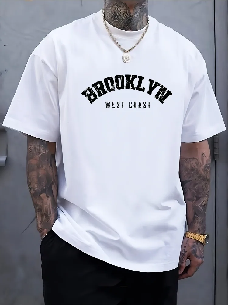 Men Summer Cotton Short Sleeve T Shirt Vintage Brooklyn West Coast Arched Letter Print Crew Neck Retro Street Casual Male Tee
