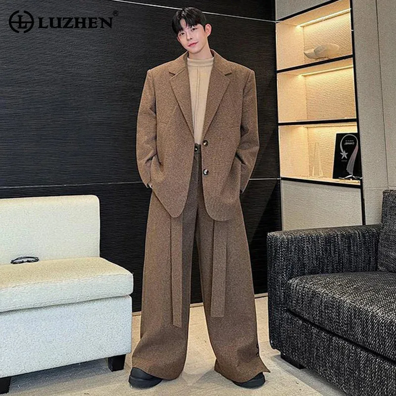 LUZHEN Suit Jackets Sets Woven Woolen Fabric Temperament Casual Luxury Simplicity Social Men's Straight Pants Two Piece LZ8226