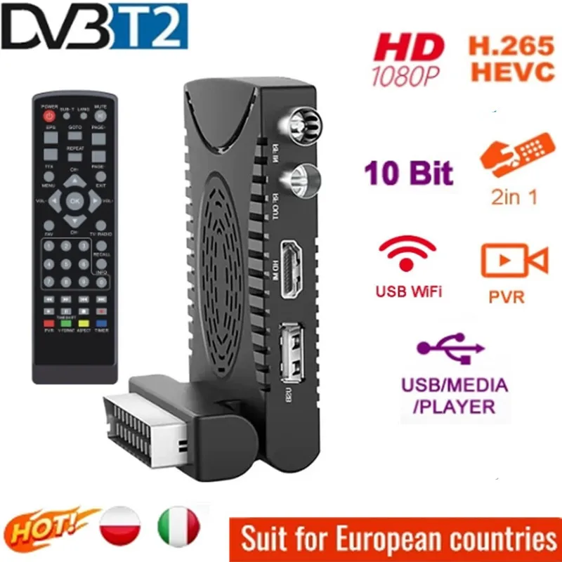 유럽용 DVB-T2 지상 디지털 TV 튜너, 미니 SCART TDT 돌비 HD 1080P TV 디코더, DVB T2 TV 리시버, 지지대 와이파이, H.265