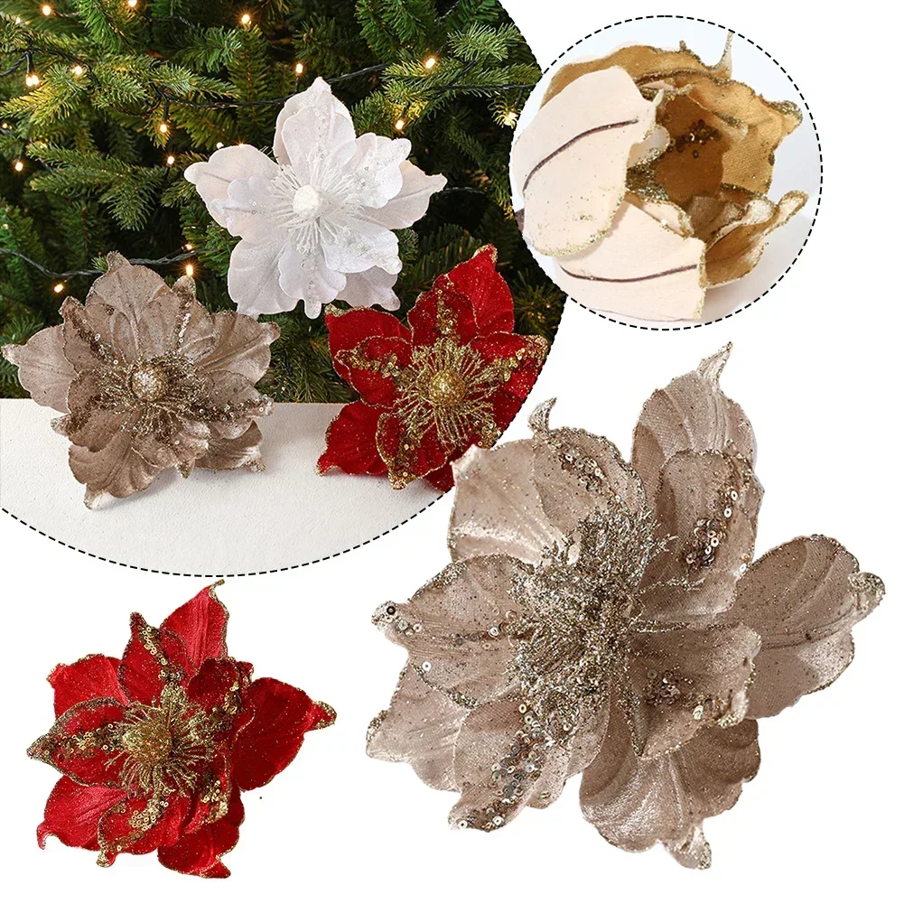 1pcs Glitter Christmas Poinsettia Flower Xmas Tree Hanging Merry Christmas Decoration For 2024 New Year Navidad Natal Noel Decor