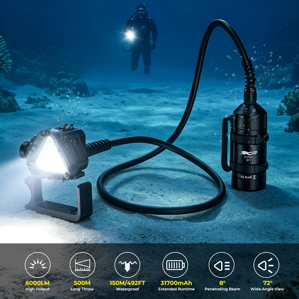 Wurkkos D1 Professional Handheld Diving Flashlight SSFT70 2.0 LED 6000LM With Red Light and UV 46950 Battery