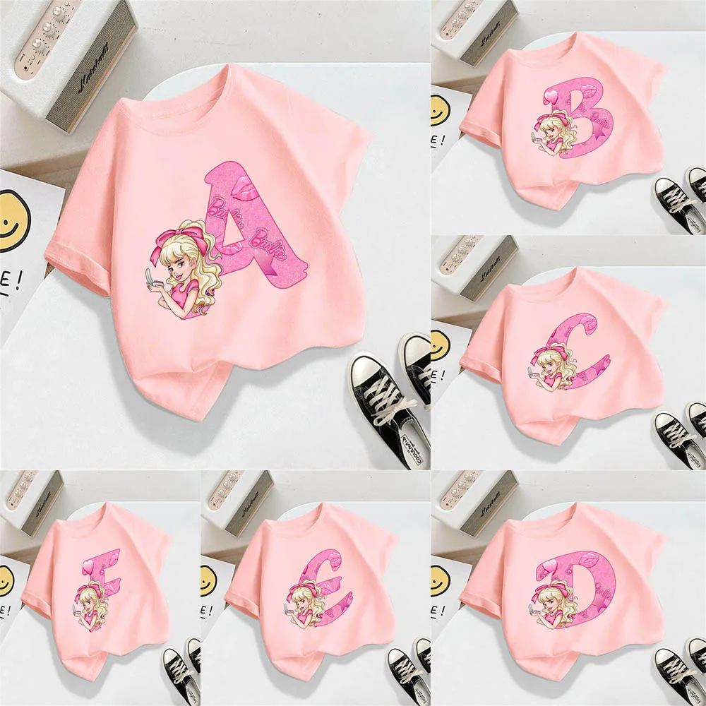 

A-Z Letter Name Print Kawaii Barbie Anime Cartoon Girl Round Collar T-shirt Soft All-matching Y2k Children's Clothing Street