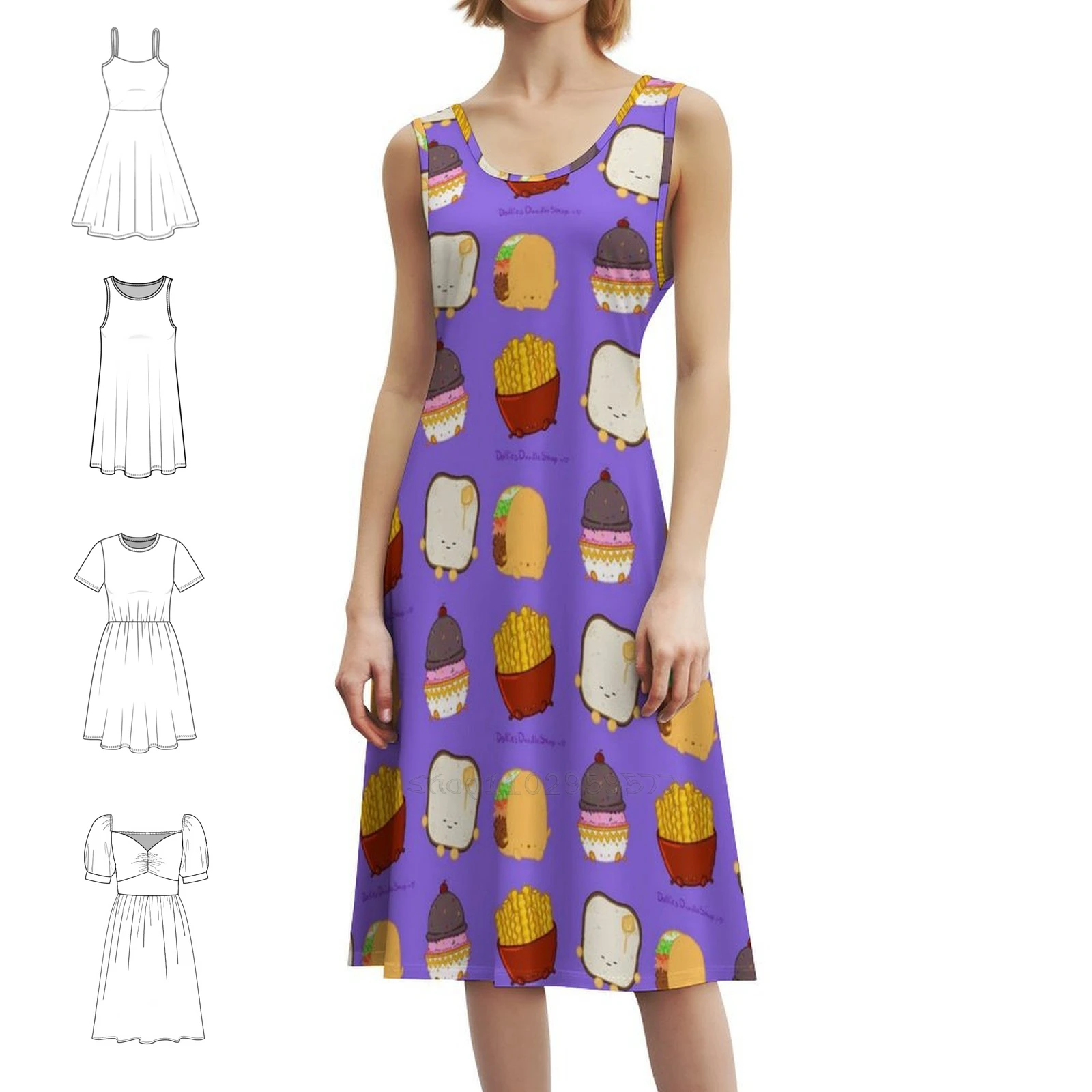 فستان مثير للإجازات من Food Buddies للنساء على الشاطئ وحفلات أعياد الميلاد فستان قصير من تاكو آيس كريم بطاطس مقلية فستان مكعب توست