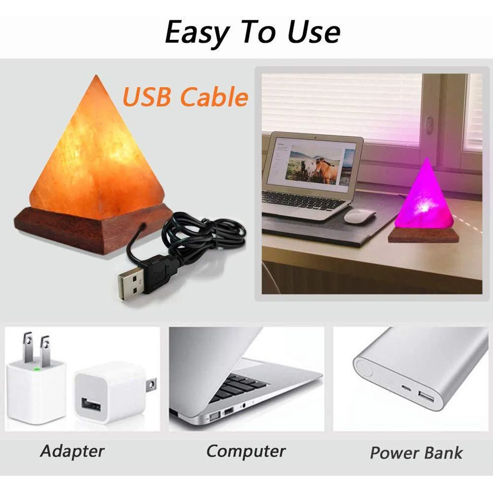 C3 Himalayan Salt Lamp USB RGB 7 Colors Changing Hand Carved with Wood Base Pyramid Crystal Salt Rock Lamp for Home Decoration