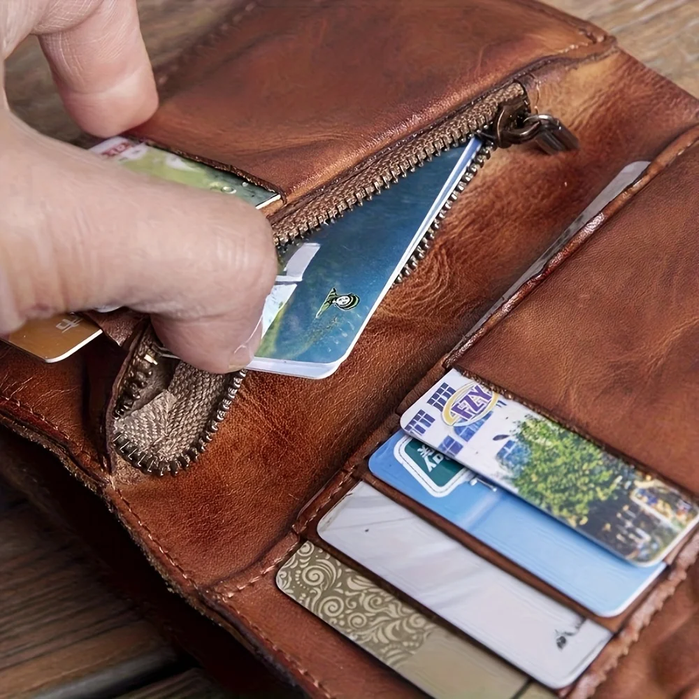 محفظة كلاسيكية من الجلد المحبب للرجال، مصنوعة يدويًا، سعة كبيرة مع فتحات بطاقات متعددة وجيب للعملات المعدنية بسحاب