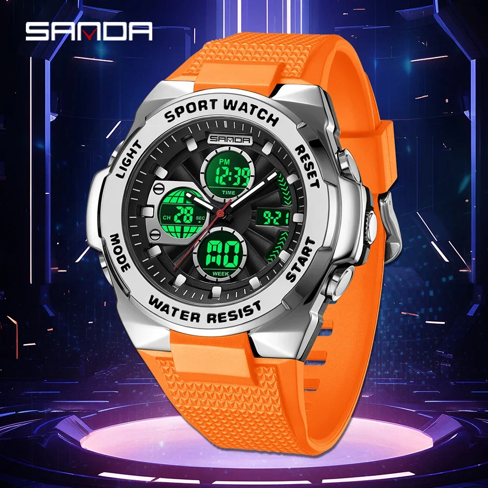 SANDA 3378 Nieuwe Luxe Sport Herenhorloge Dual Display Waterdicht Lichtgevende Man Horloge Quartz LED Chronograaf Relogio Masculino