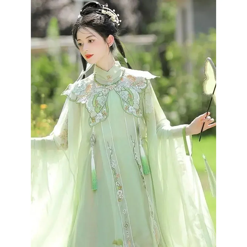 Chinese Style Hanfu Female Ming Dynasty Cloud Shoulder Stand Collar Long Shirt Pleated Dress Ancient Costume Fairy Elegant Suit