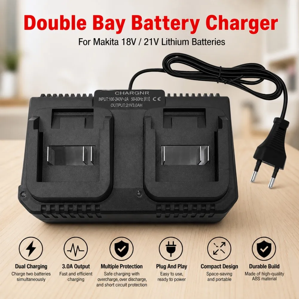 Dual Slot Charger 18V 21V Li-ion Battery Charger for Makita BL1415 BL1815 BL1830 BL1850 Electric Drill Power Tools EU US Plug view 2