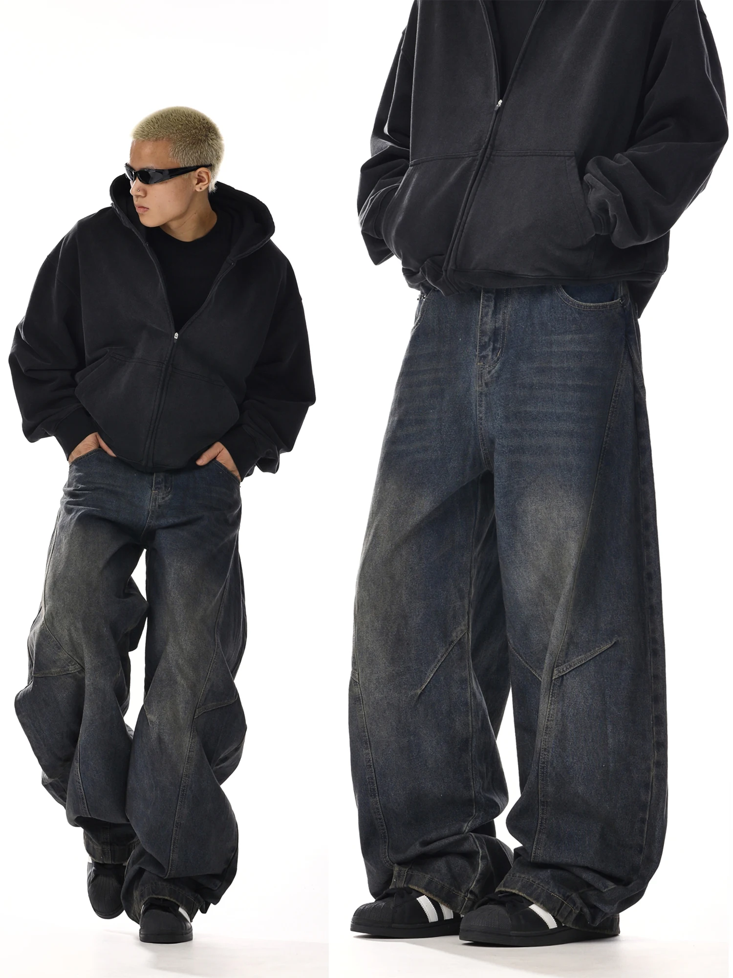 

Retro American Washed Knife Jeans Men's Casual Wide Leg Pants Loose Fit Straight Cut Denim for Youth Autumn Season