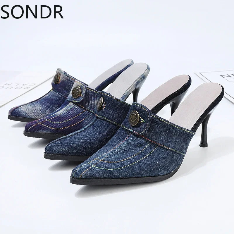 

Womens Pointed Toe Denim Jeans Stilettos Slipper Pumps High Heel Slingbacks Shoes Slides Ladies