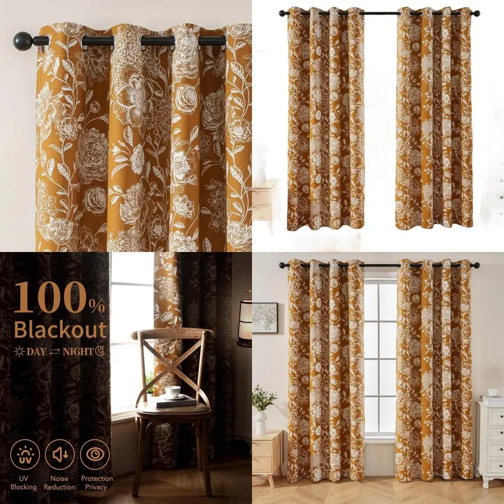

Vintage Orange Floral Cotton Blend Blackout Curtains, Peony Pattern, Grommet Top, 52W x 96L, Home & Office Decor