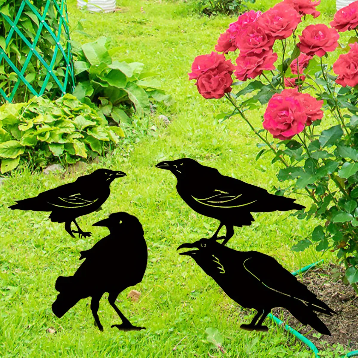 Estacas decorativas con silueta de cuervo negro para exteriores, estatuas de Metal para pájaros, decoración de jardín, patio, césped, 1 unidad