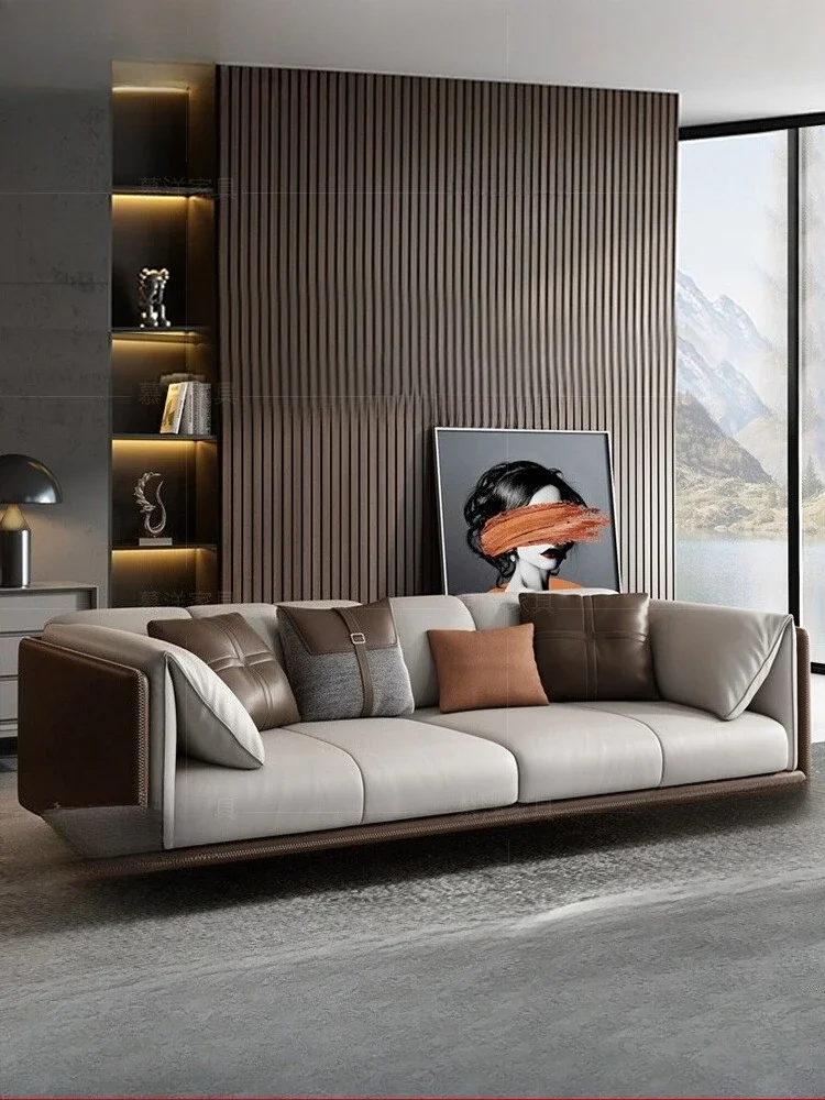 

Italian minimalist leather sofa combination straight row three people modern simple living room small apartment cowhide corner