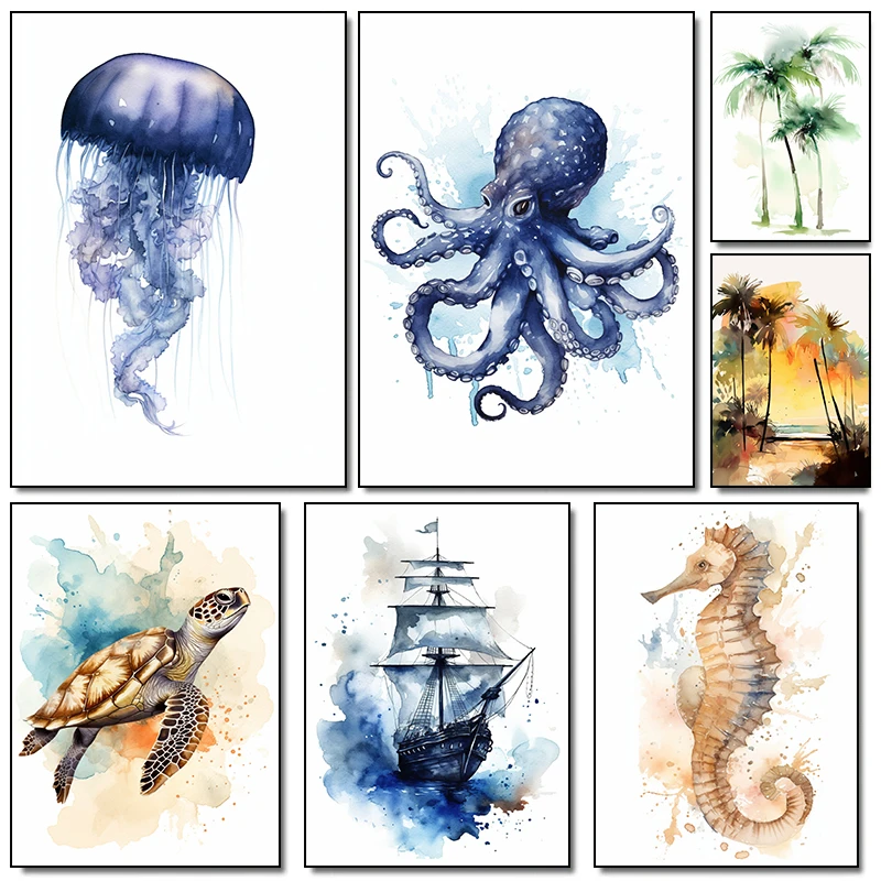 Watercolor Blue Coastal Sea Creatures Posters Prints Octopus Sea turtles Jellyfish Wall Art Canvas Painting Kids Room Home De