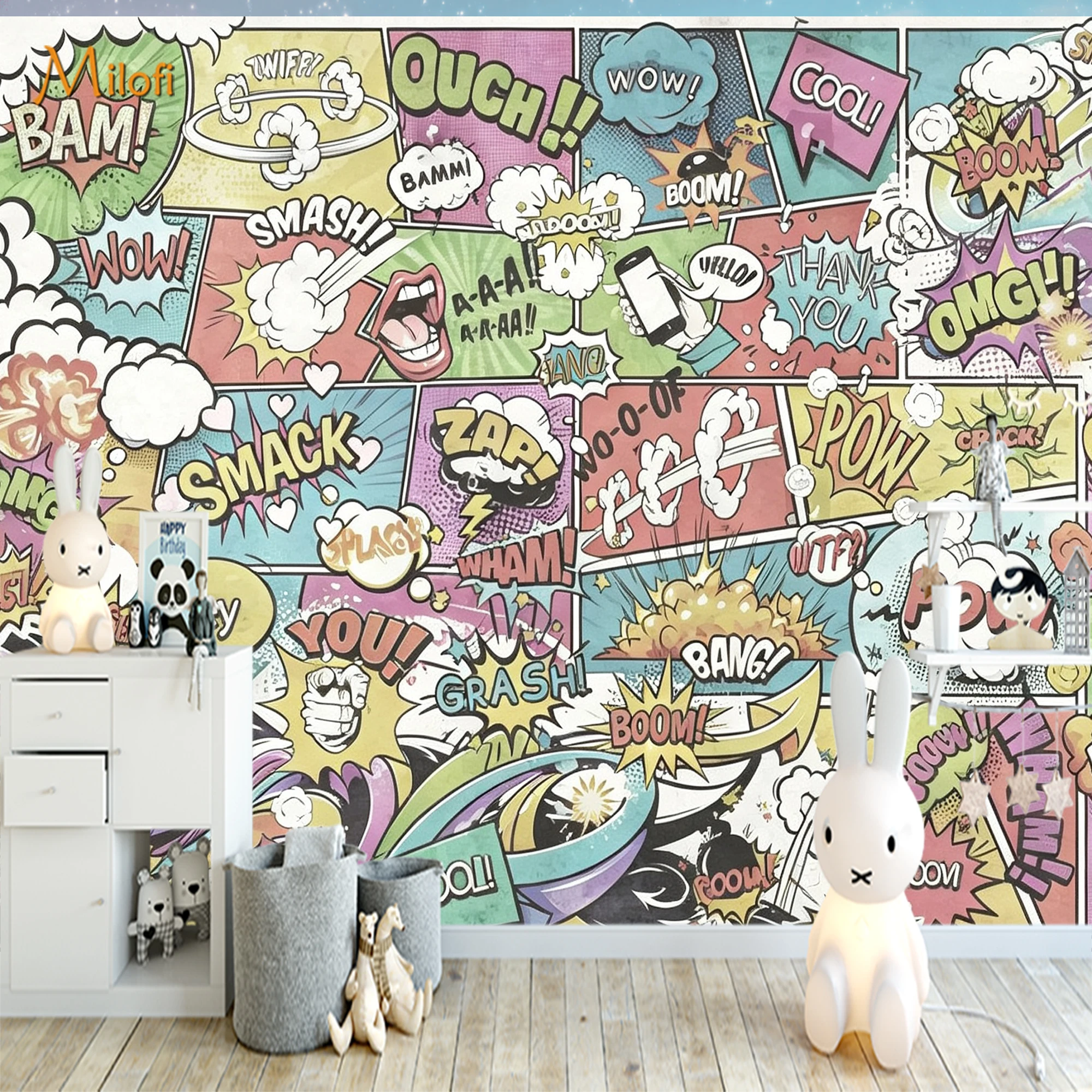 Custom Comic Pop Art Mural Wallpaper Graffiti Cartoon Sound Effect Speech Bubble  for Teen Bedroom Game Room Home Wall Decor