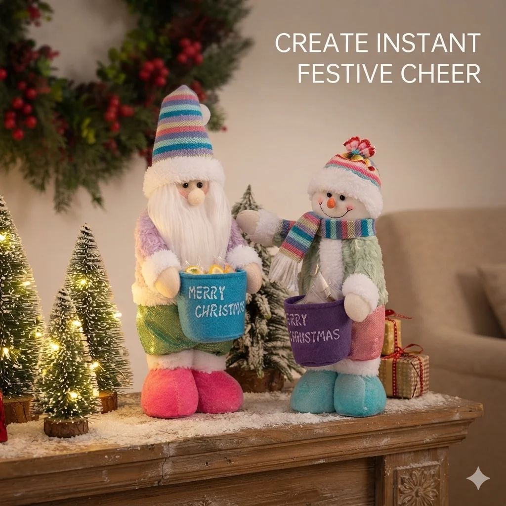 Cute Plush Santa Claus Snowman, Dolls Christmas Decoration Merry Christmas, Bucket Holding Ornaments Xmas Home, Table Decor Gift