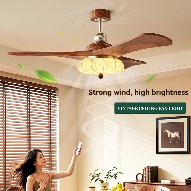 2026 Vintage Ceiling Fan Light with Remote, Walnut Wood Grain Retro Chandelier for Living Room Bedroom Dining Room