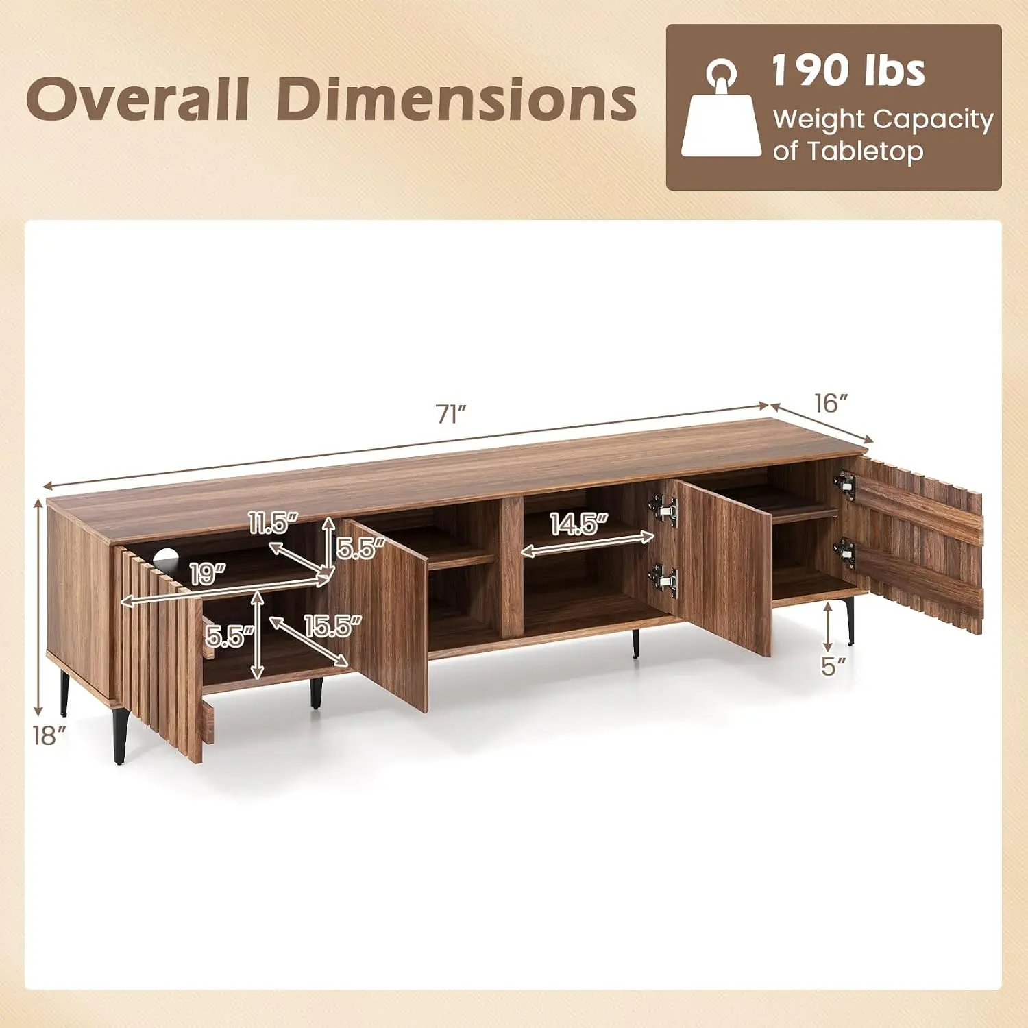 4-Door Slatted TV Stand for 80 Inch TV, Mid Century Modern Entertainment Center with 4 Storage Cabinets, Wooden Console with 6 M