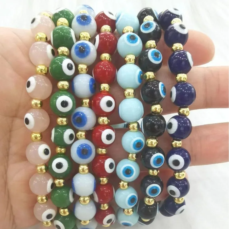 10pcs 6mm 8mm Coloured Glaze Evil Eyes White Yellow Balck Blue Eyes Elastic String Bracelet for Women Men Jewelry