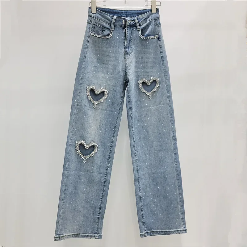 Women High Waist Hollow Out Hole Diamond Denim Pants Casual Blue Fashion Wide Leg Jeans 2024 Summer Lolita Y2K Trousers