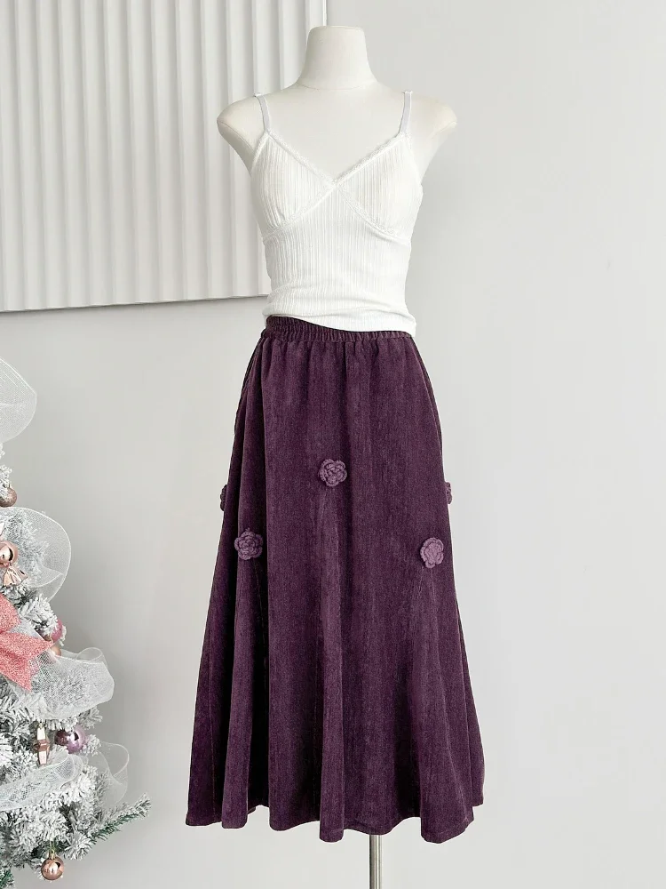 Autumn Winter France Elegant Corduroy Long Skirts Women 3D Flower High Waist A-Line Skirts Female Warm Design Vintage Clothing